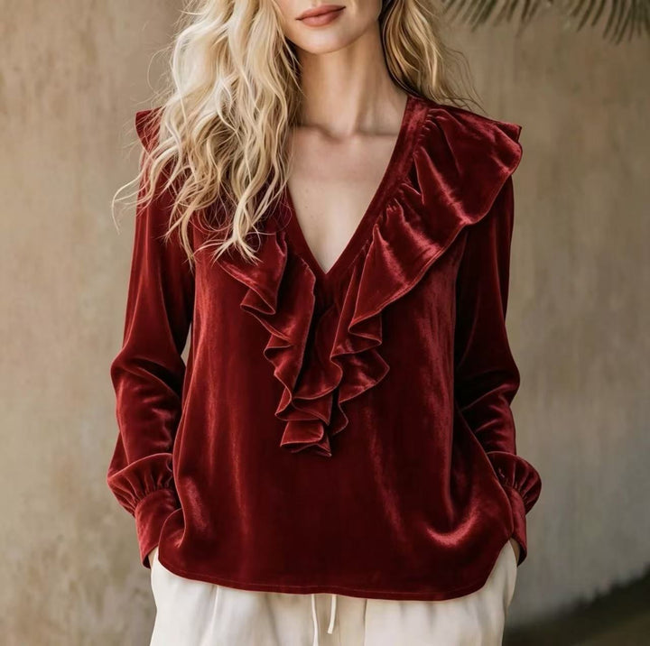 Damen Rüschige V-Ausschnitt-Bluse aus Chiffon mit Volantkragen und elastischen Manschetten Drune