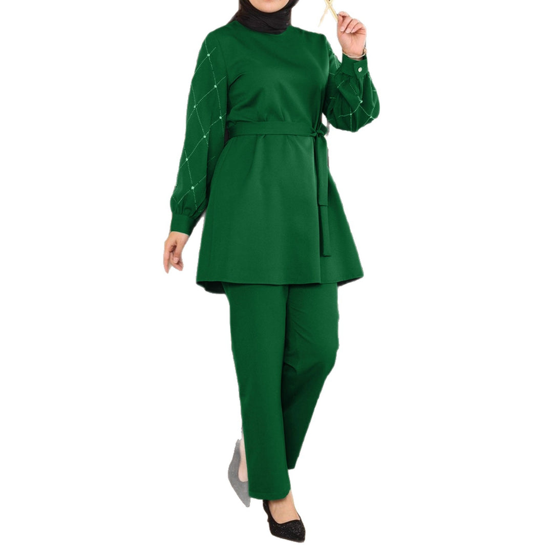 Damen Elegantes zweiteiliges Tunika-Set mit Taillengürtel und Zierärmeln Drune