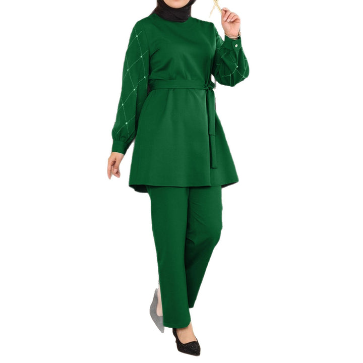 Damen Elegantes zweiteiliges Tunika-Set mit Taillengürtel und Zierärmeln Drune