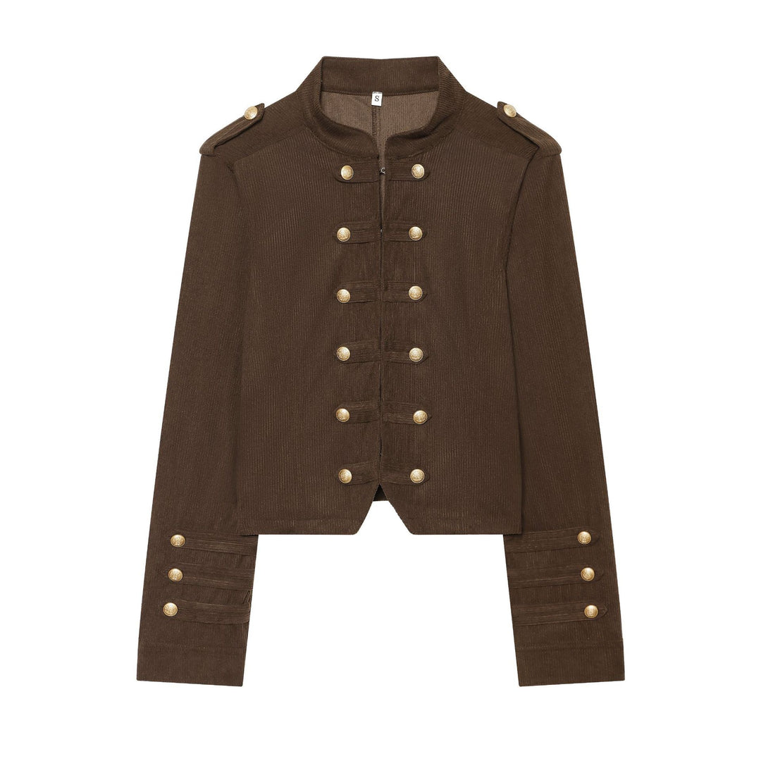 Damen nan taillierte Military-Jacke im Cord-Look mit Stehkragen und goldfarbener Zierknopfleiste Drune