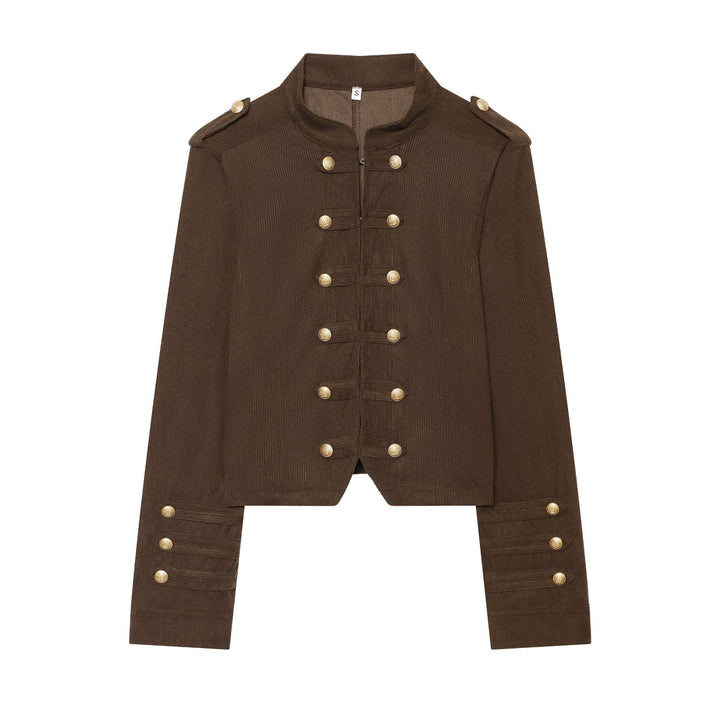 Damen nan taillierte Military-Jacke im Cord-Look mit Stehkragen und goldfarbener Zierknopfleiste Drune