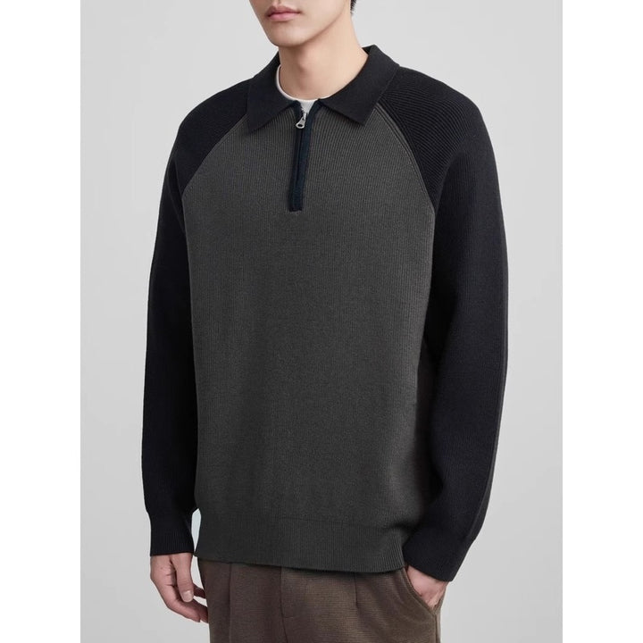 Herren Feinstrick-Halbzip-Pullover mit Polokragen und Raglanärmeln Drune