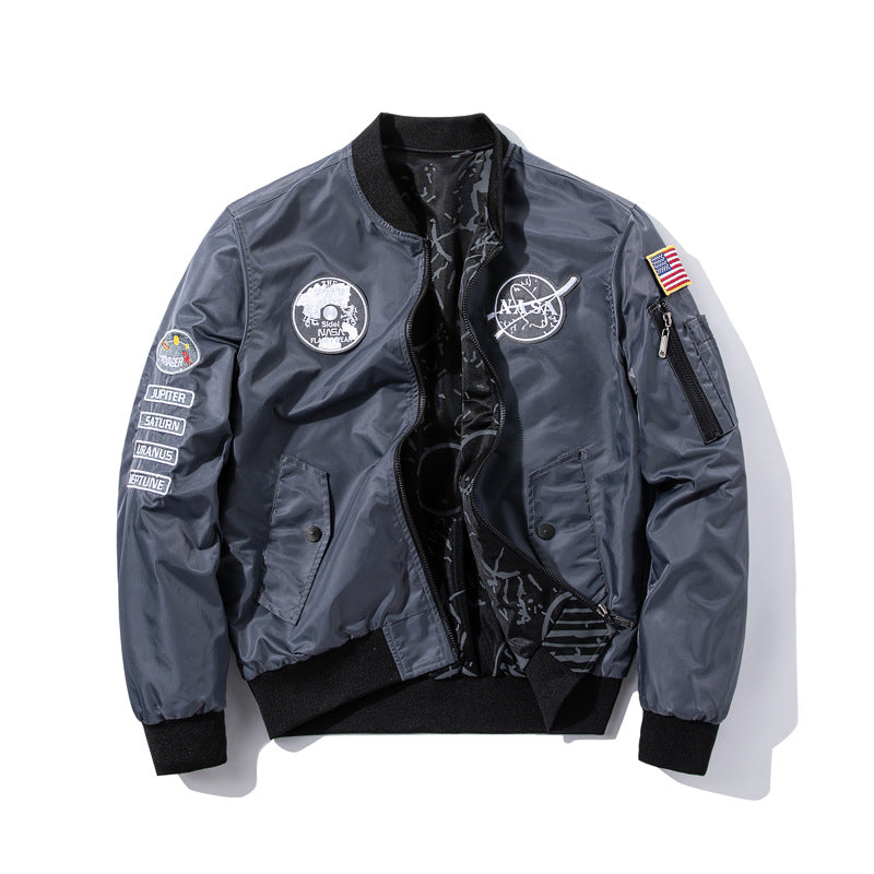 Herren  gestickte Missionsabzeichen reflektierende Shell Flight Bomber mit bedrucktem Konstellationsfutter und Ärmel-Reißverschlusstasche Drune