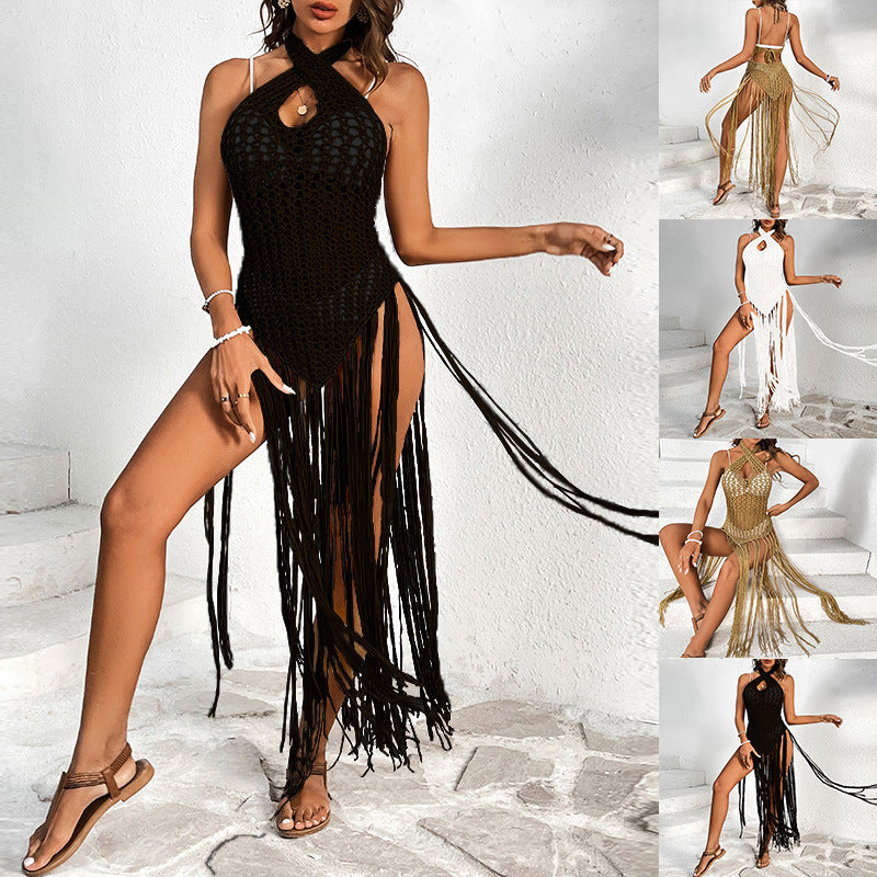Damen Häkel-Strandkleid mit fransigen Akzenten und einzigartigem Rückenausschnitt Drune