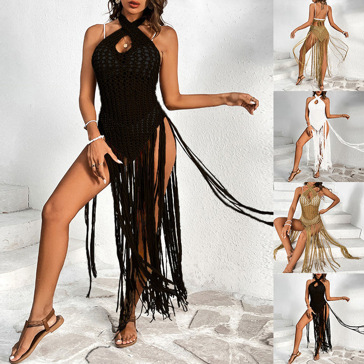 Damen Häkel-Strandkleid mit fransigen Akzenten und einzigartigem Rückenausschnitt Drune