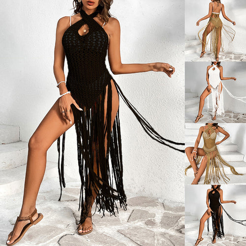 Damen Häkel-Strandkleid mit fransigen Akzenten und einzigartigem Rückenausschnitt Drune