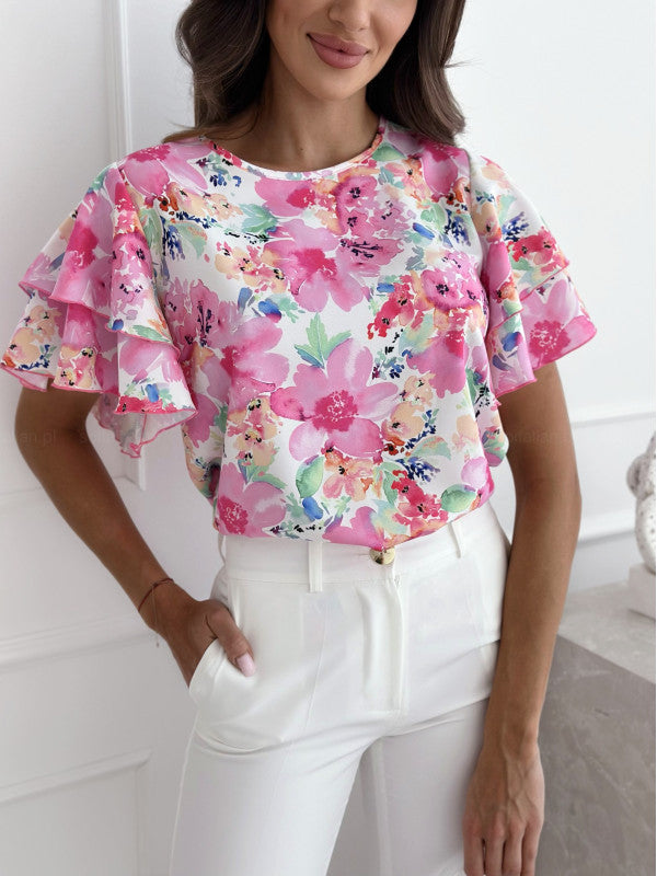 Damen Blusenshirt mit voluminösen Rüschenärmeln und floralem Design Drune