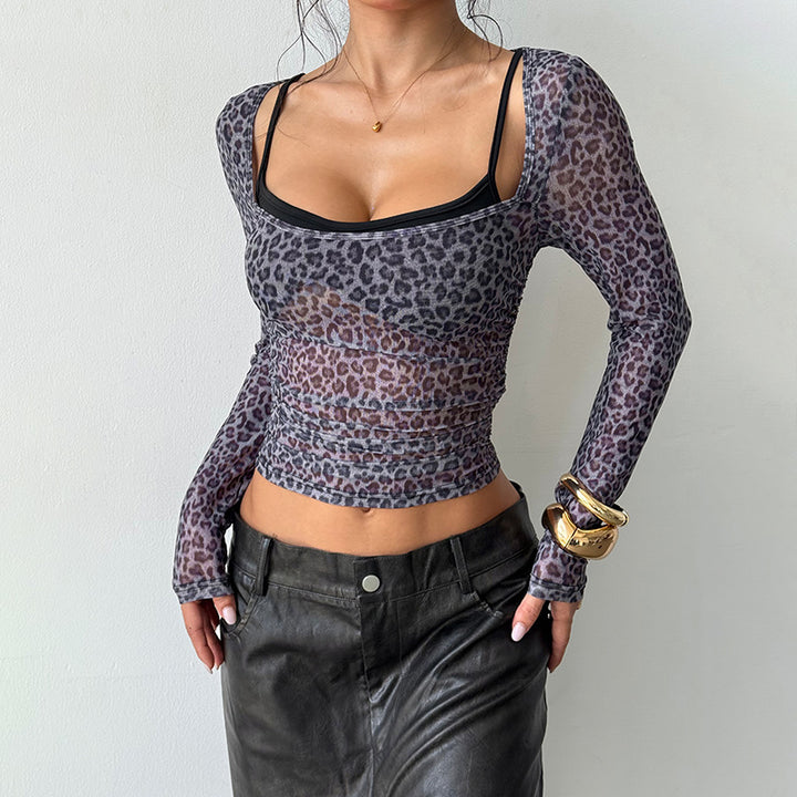 Damen transparentes Langarm-Top mit Leopardenmuster und eleganten Rüschen Drune