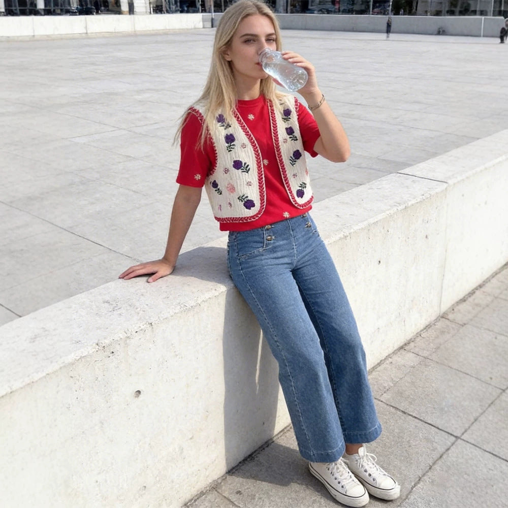 Damen Bestickte Kurz-Weste im Boho‑Chic mit floralen Applikationen Drune