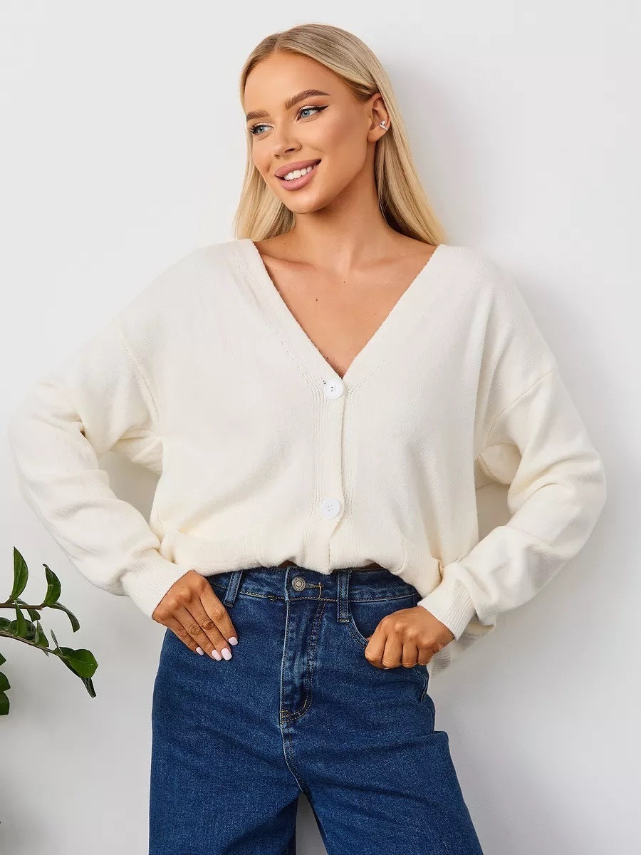 Damen Grobstrick-Cardigan mit tiefem V-Ausschnitt und praktischen Taschen Drune