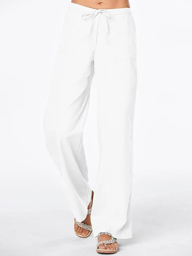 Damen weit geschnittene Leinenhose mit verstellbarem Bund und praktischen Taschen Drune