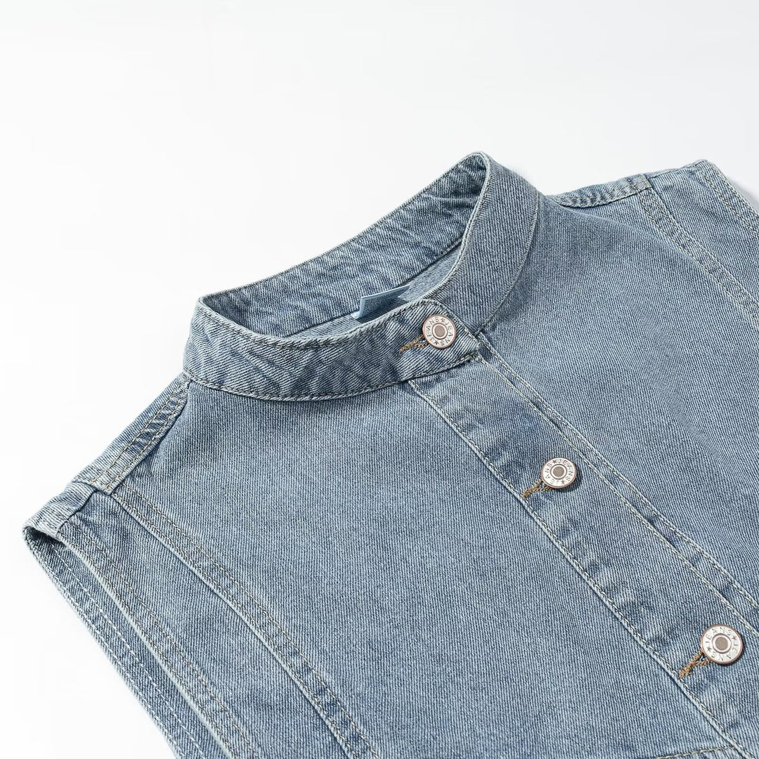 Damen Jeansweste mit Stehkragen, durchgehender Knopfleiste und aufgesetzten Taschen Drune