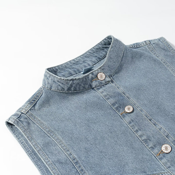 Damen Jeansweste mit Stehkragen, durchgehender Knopfleiste und aufgesetzten Taschen Drune