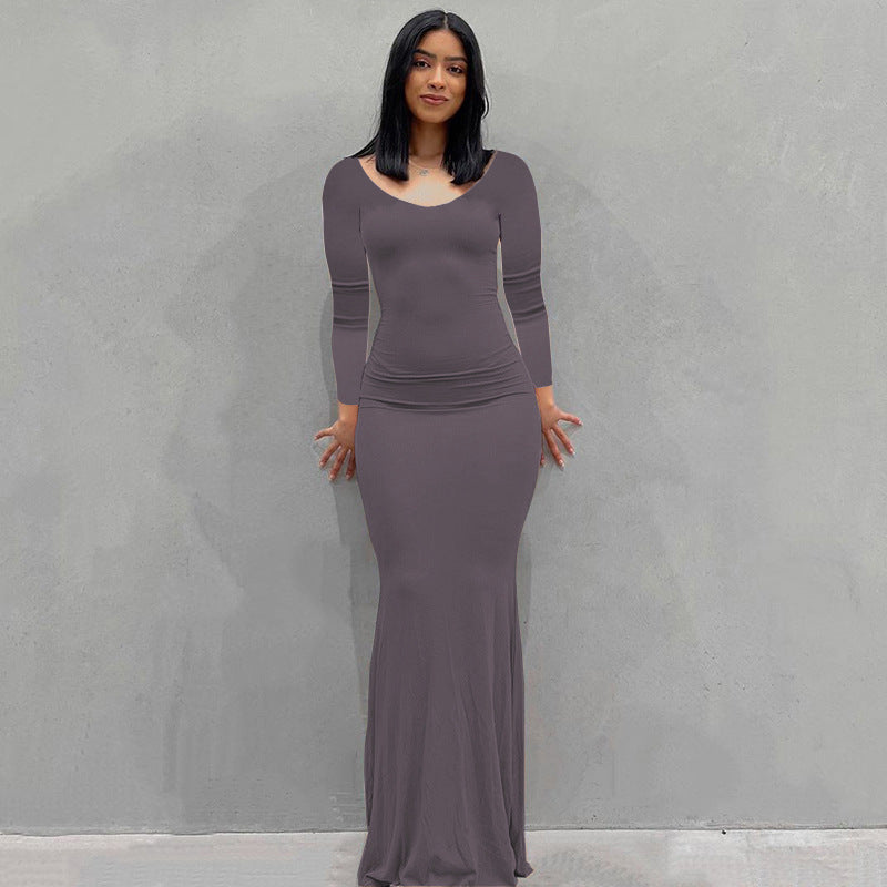 Damen Körperbetontes Maxi‑Jerseykleid mit taillierter Drapierung, langen Ärmeln und ausgestelltem Saum Drune
