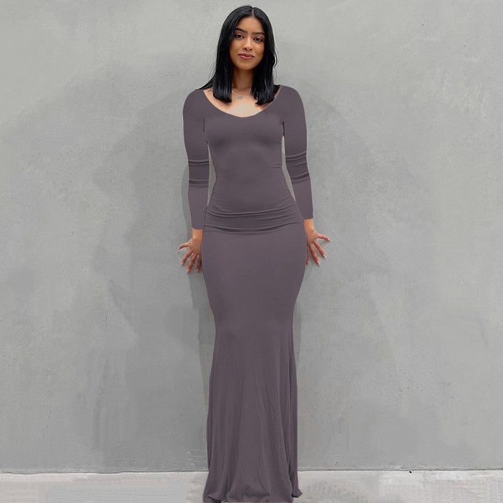 Damen Körperbetontes Maxi‑Jerseykleid mit taillierter Drapierung, langen Ärmeln und ausgestelltem Saum Drune