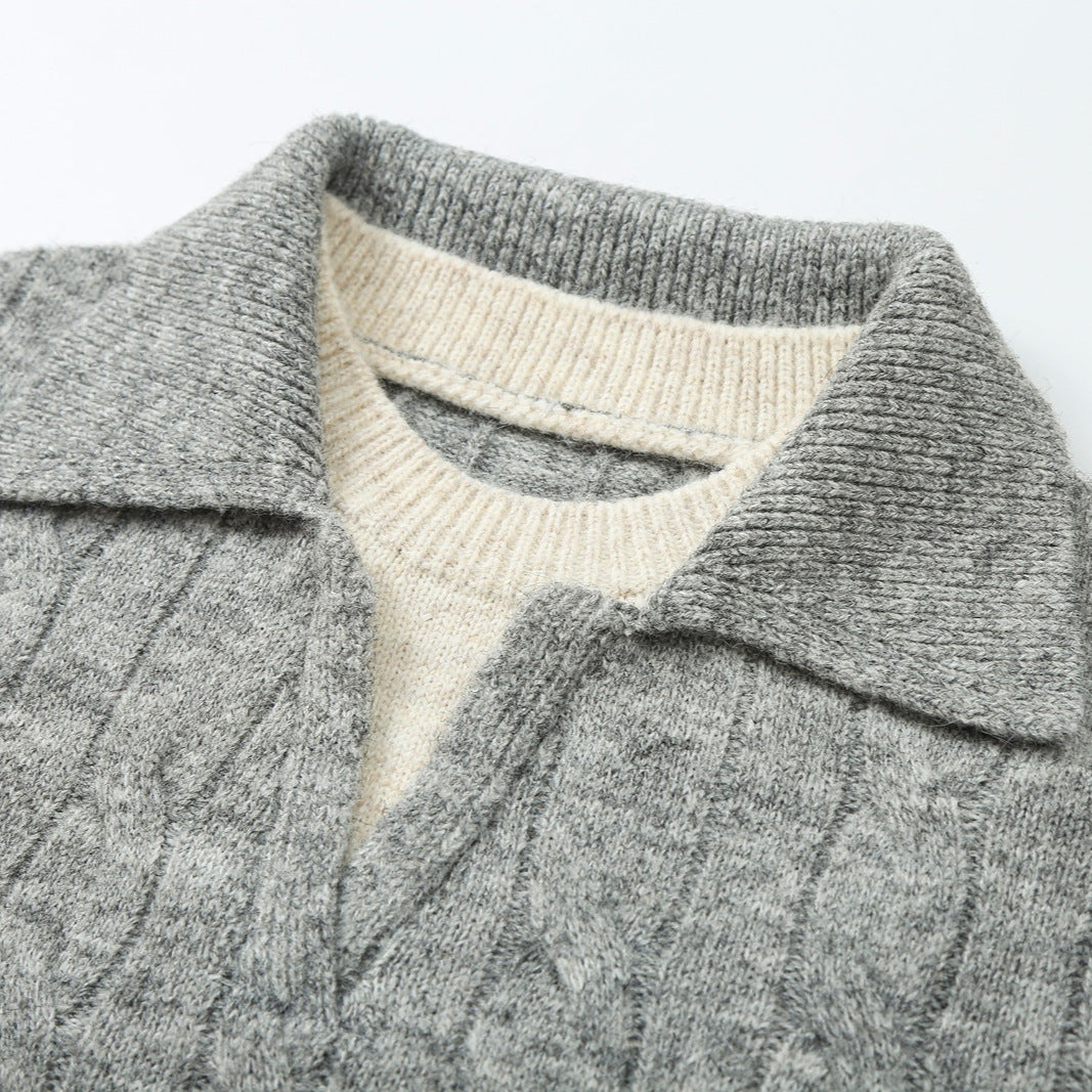 Damen Grobgestrickter Zopfmuster-Pullover mit offenem Polokragen und V‑Ausschnitt Drune