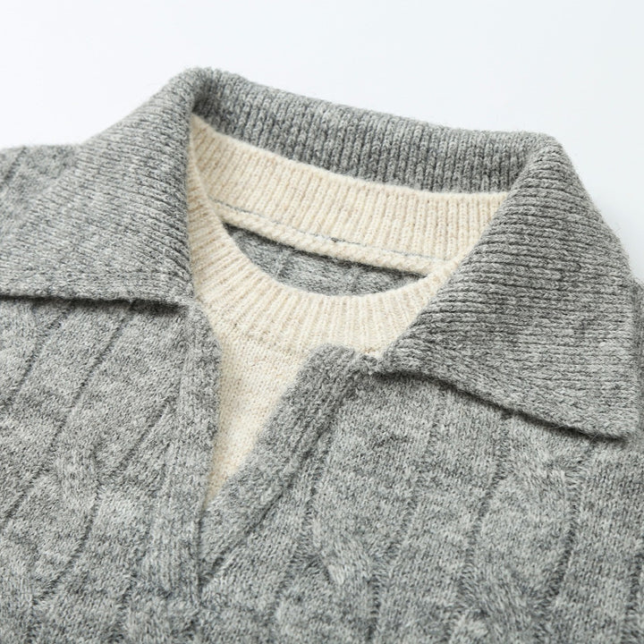Damen Grobgestrickter Zopfmuster-Pullover mit offenem Polokragen und V‑Ausschnitt Drune