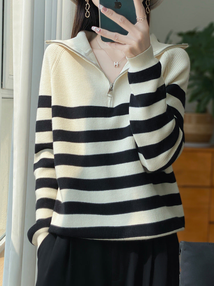 Damen Maritimer Troyer-Pullover aus feinem Rippstrick mit breiten Querstreifen Drune