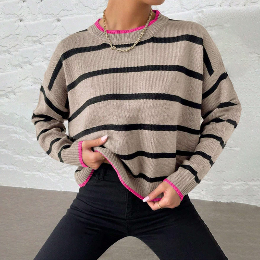 Damen lässiger gestrickter Pullover mit modischem Streifenmuster und kontrastierenden Abschlüssen Drune
