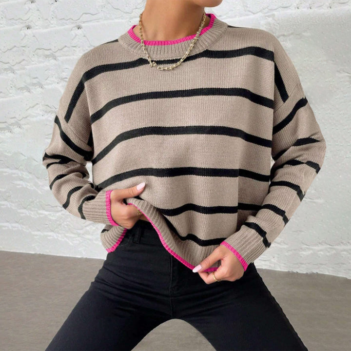 Damen lässiger gestrickter Pullover mit modischem Streifenmuster und kontrastierenden Abschlüssen Drune