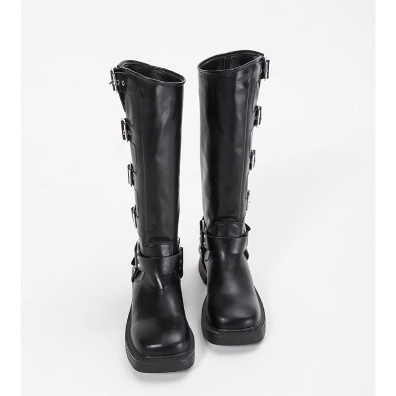 Damen Stiefel mit modischen Schnallen und robustem Blockabsatz Drune