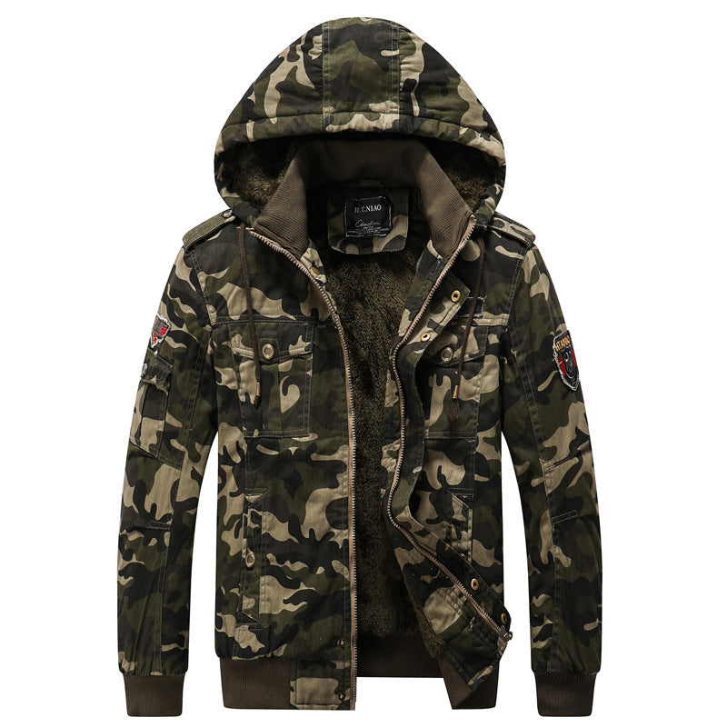 Herren Gefütterte Kapuzenparka im Camouflage-Militärstil mit Teddyfutter Drune