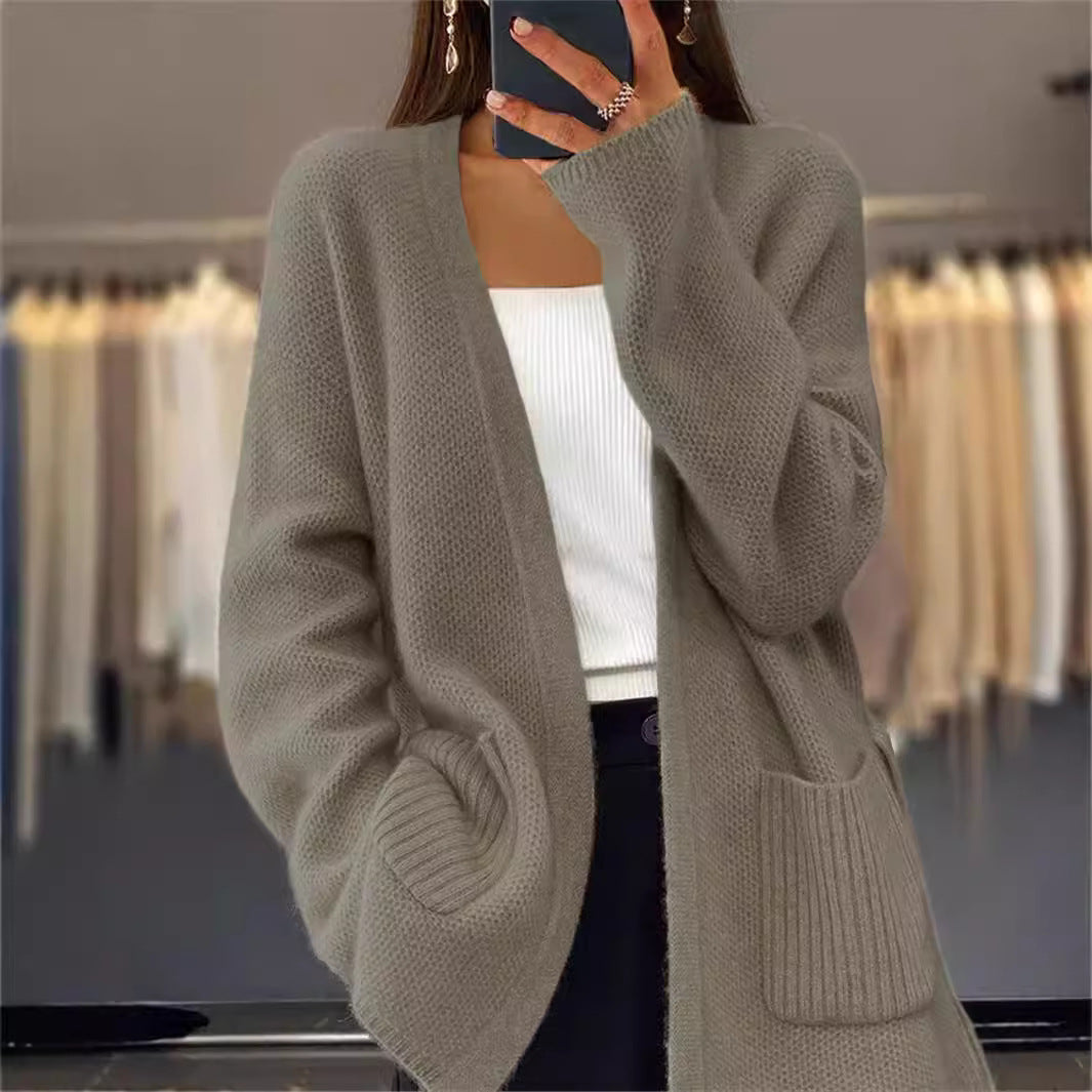 Damen nan lange Strickjacke mit Bindegürtel, aufgesetzten Rippentaschen und lockerem Waffelstrick Drune