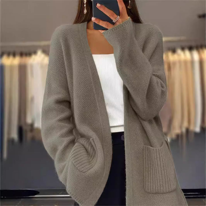 Damen nan lange Strickjacke mit Bindegürtel, aufgesetzten Rippentaschen und lockerem Waffelstrick Drune