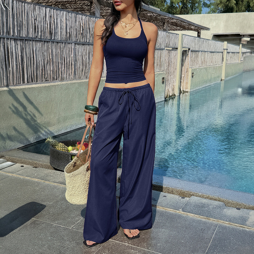 Damen luftiges Zweiteiliges Set mit tailliertem Bustier und weiten Hosen Drune