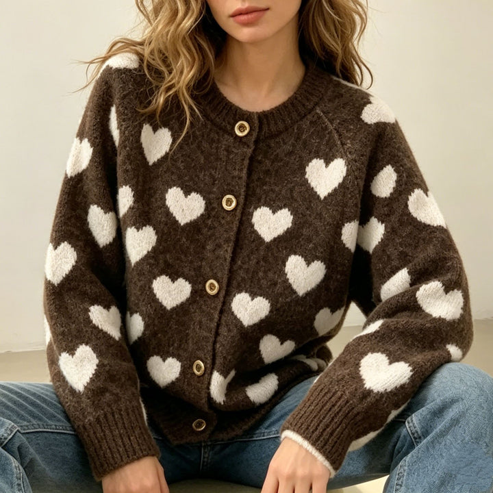 Damen Kuscheliger Jacquard-Cardigan mit Herzmotiv, Raglanärmeln und Knopfleiste Drune