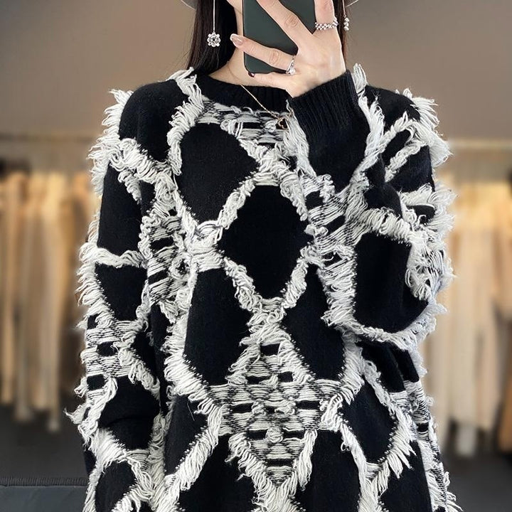 Damen Oversize-Strickpullover mit Fransen‑Diamantmuster und weicher Mohair‑Optik Drune