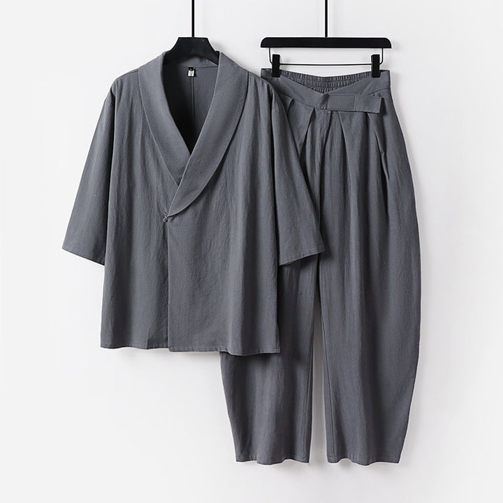 Damen Zweiteiliges Kimono-Loungewear-Set mit Schalkragen Kurzarm-Oberteil und hochtaillierter Plissee-Hose Drune