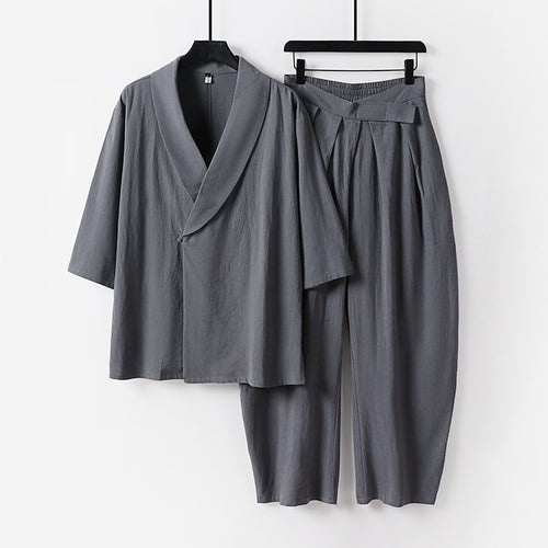 Damen Zweiteiliges Kimono-Loungewear-Set mit Schalkragen Kurzarm-Oberteil und hochtaillierter Plissee-Hose Drune