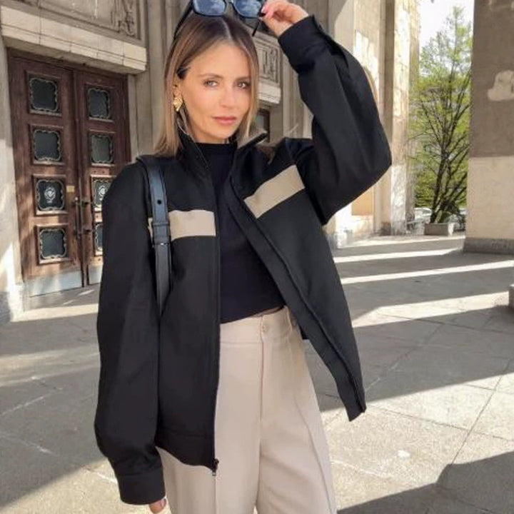 Damen Cropped Bomberjacke mit Kontraststreifen, Stehkragen und kastiger Silhouette Drune