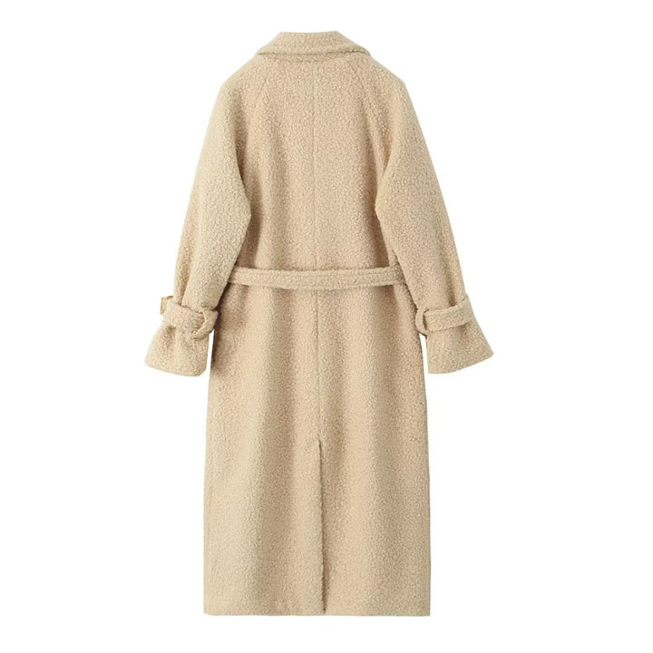 Damen Zweireihiger Teddy‑Mantel mit Bindegürtel und Schnallenärmeln Drune