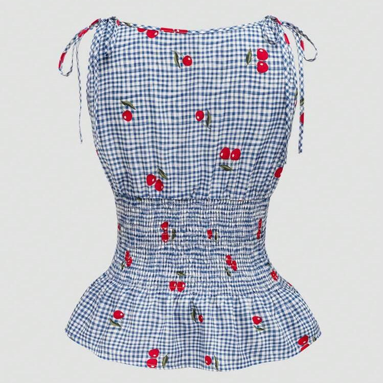 Damen Bluse mit floralem Karo-Muster und Rüschensaum Drune