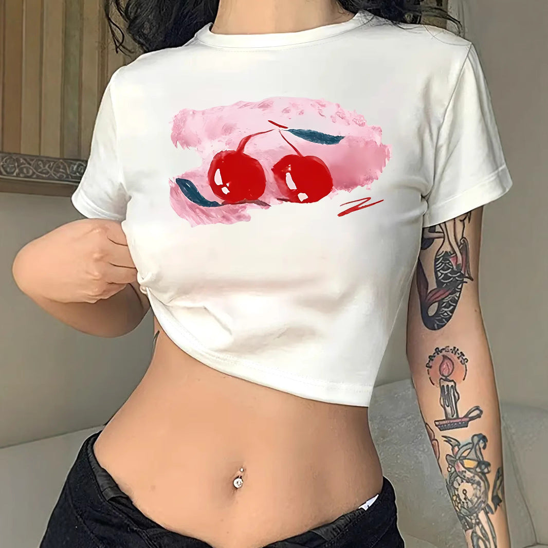 Damen Crop-T-Shirt mit fröhlichem Kirschmotiv und kurzem Schnitt Drune