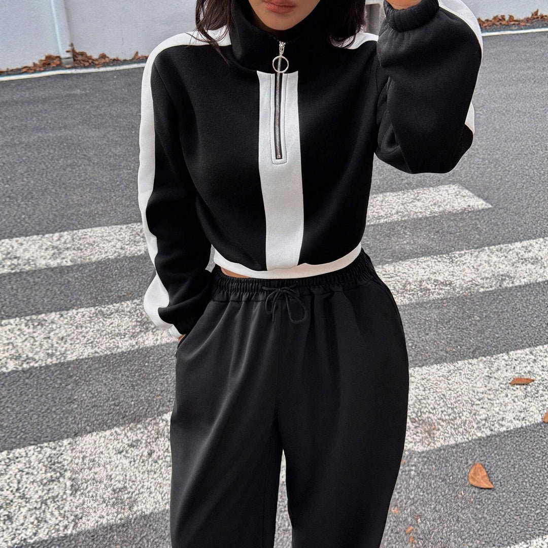 Damen kurzes Sweatshirt mit Halbreißverschluss und elastischer Bund Jogginghose Set Drune
