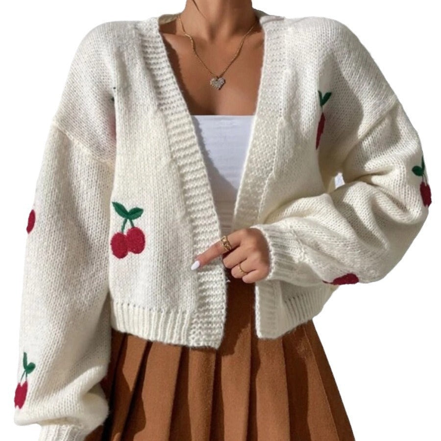 Damen kuschelige Strickjacke mit fruchtigem Stickmuster und weitem Schnitt Drune