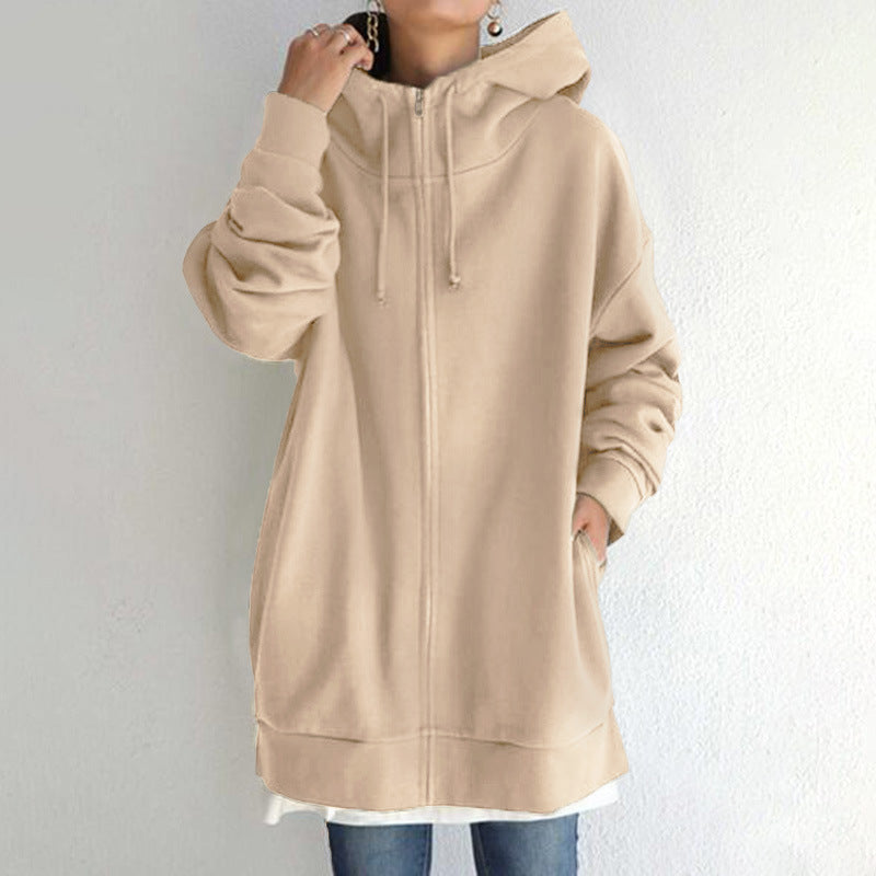 Damen nan oversized Kapuzenlongpullover mit Reißverschluss und Eingrifftaschen Drune