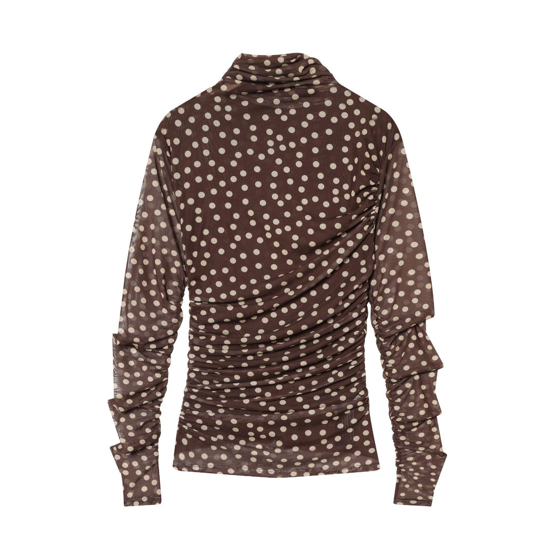 Damen nan gerafftes Langarm-Mesh-Top mit Rollkragen und Punkteprint Drune