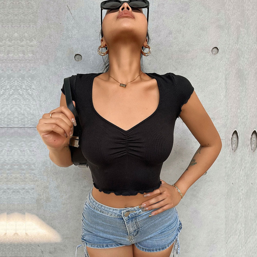 Damen cropped Oberteil mit elastischer Raffung und modischem V-Ausschnitt Drune