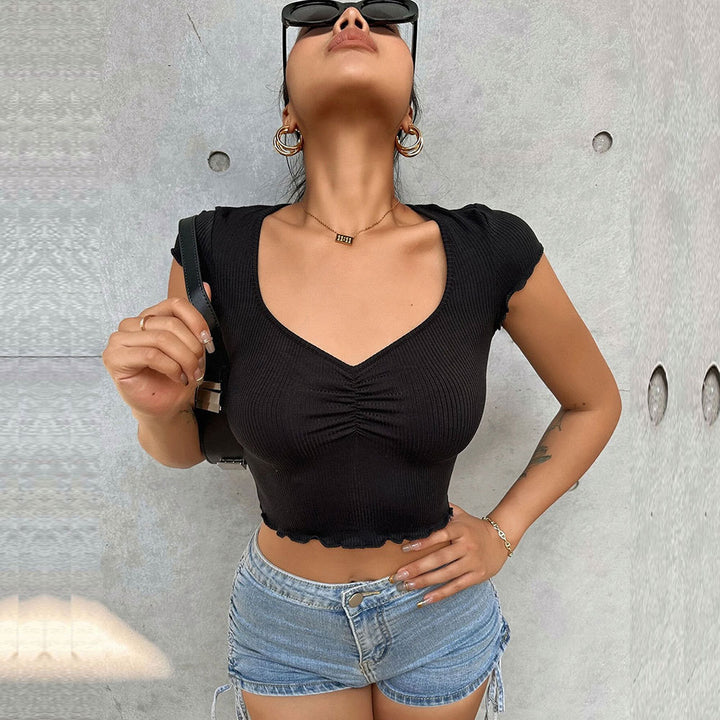 Damen cropped Oberteil mit elastischer Raffung und modischem V-Ausschnitt Drune