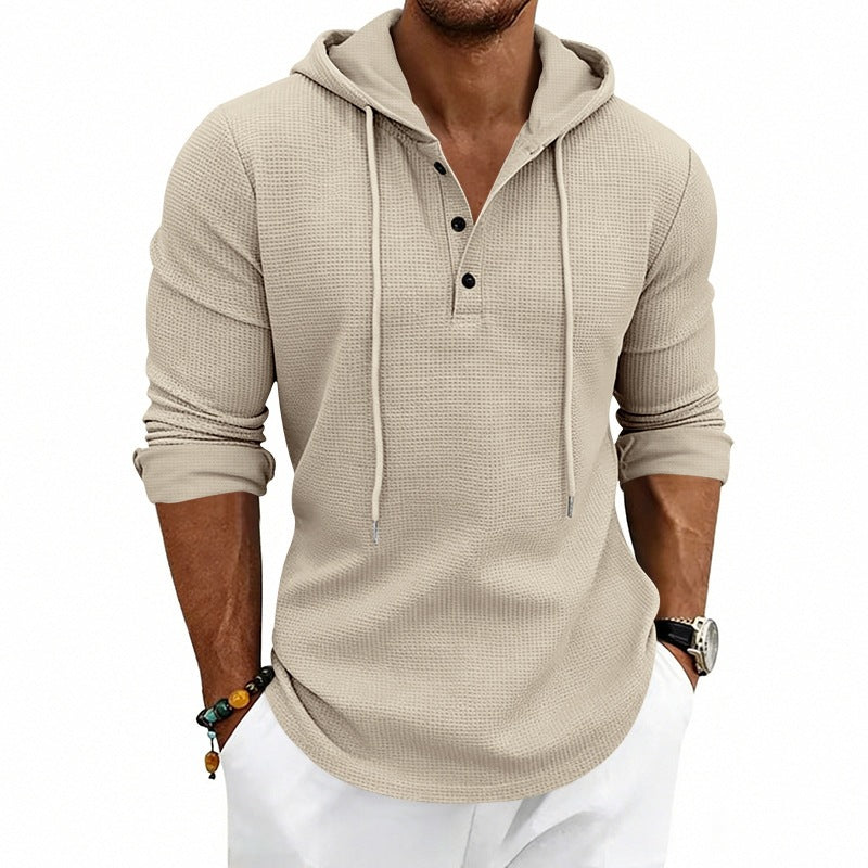 Herren Texturiertes Kapuzen-Langarmshirt mit Knopfleiste und Waffelstruktur Drune