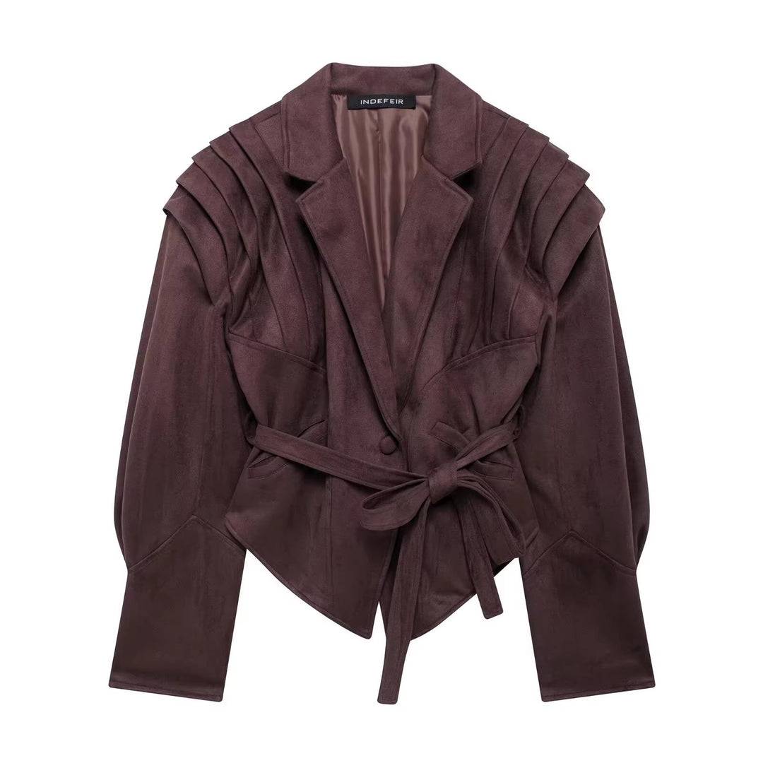 Damen Trendige Kunstlederjacke mit modischem Gürtel und raffiniertem Schnitt Drune