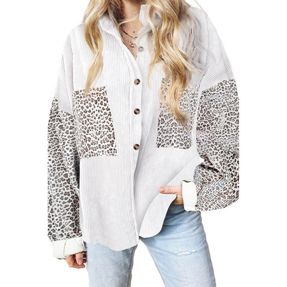 Damen Oversize-Cordhemd mit durchgehender Knopfleiste, Leo-Kontrastärmeln und aufgesetzten Taschen Drune