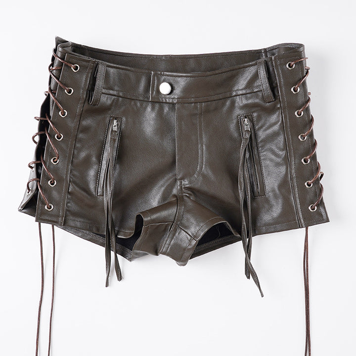 Damen Kunstleder-Shorts mit dekorativen Knopfdetails Drune