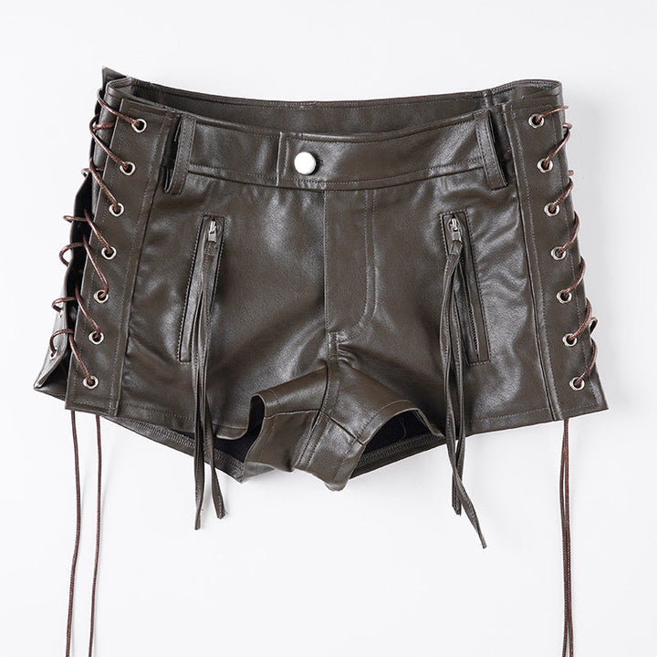 Damen Kunstleder-Shorts mit dekorativen Knopfdetails Drune