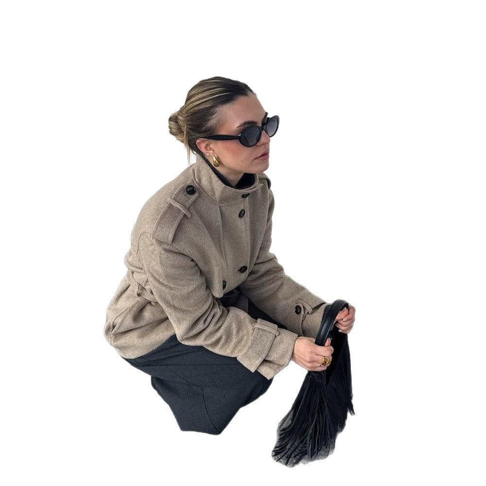 Damen Kurz-Mantel im Trench-Stil mit Bindegürtel und Stehkragen Drune