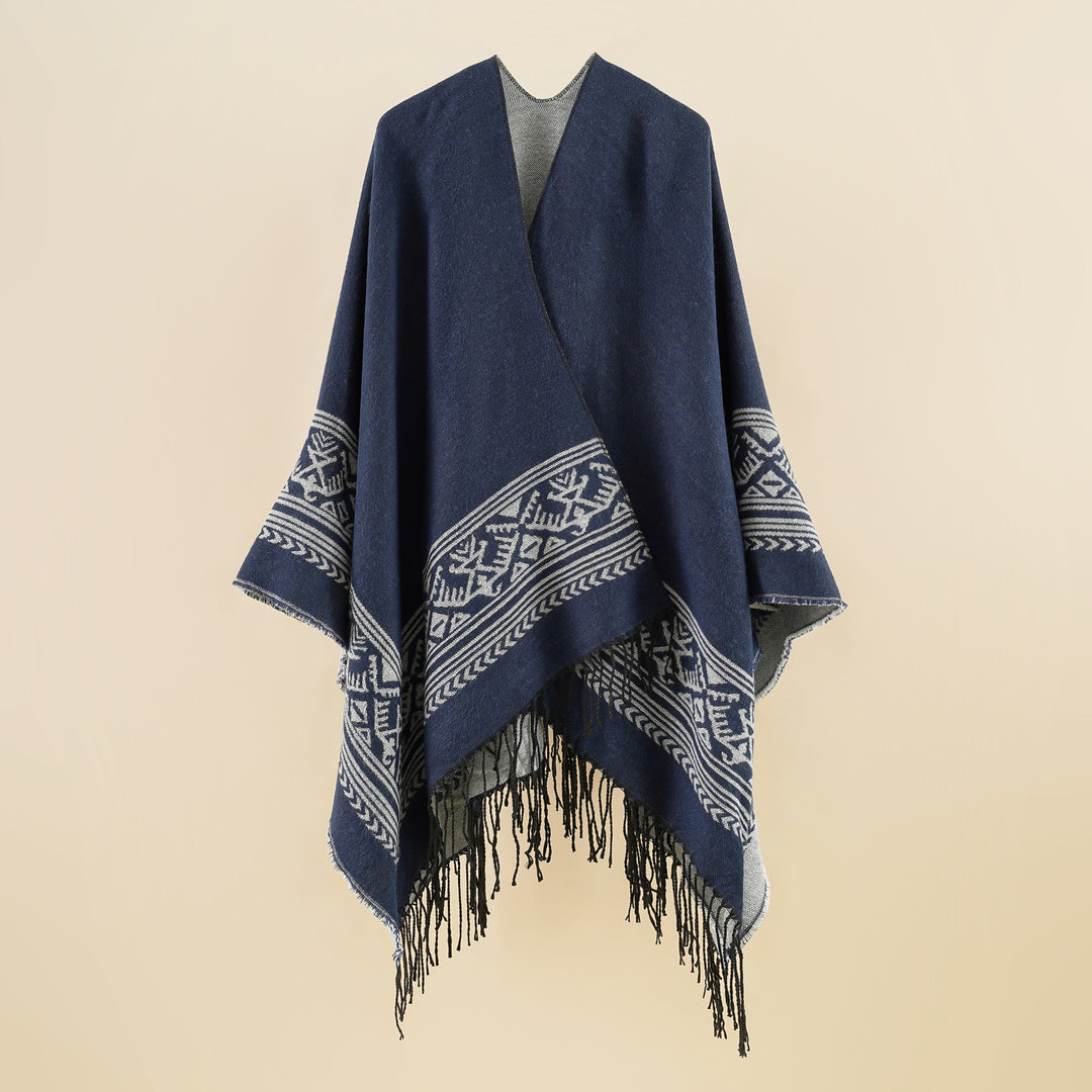Damen Capeponcho mit geometrischer Jacquardbordüre, offenem V-Ausschnitt und Fransensaum Drune